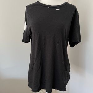 Black distressed CHRLDR t-shirt with white stars on sleeve, size M.